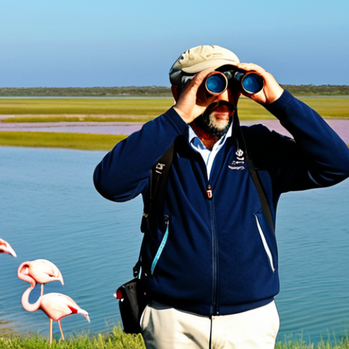 Home 4 Birdwatching in Ria Formosa**
"A professional ornithologist, fully clothed in appropriate attire for fieldwork, observing flamingos in flight over the Ria Formosa lagoon in Algarve, Portugal. Binoculars in hand, taking notes. Background: Lush wetlands and clear blue sky. Safe for work, appropriate content, modest clothing, perfect anatomy, natural proportions, professional wildlife photography, high quality."
**