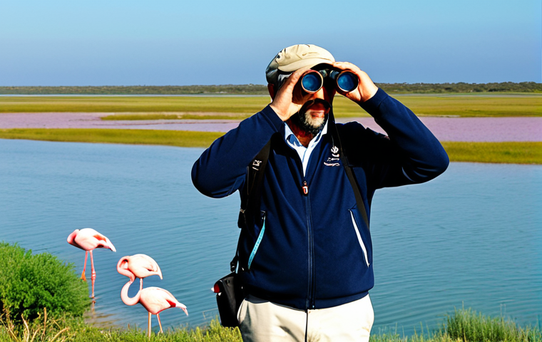 Birdwatching in Ria Formosa**
"A professional ornithologist, fully clothed in appropriate attire for fieldwork, observing flamingos in flight over the Ria Formosa lagoon in Algarve, Portugal. Binoculars in hand, taking notes. Background: Lush wetlands and clear blue sky. Safe for work, appropriate content, modest clothing, perfect anatomy, natural proportions, professional wildlife photography, high quality."
**