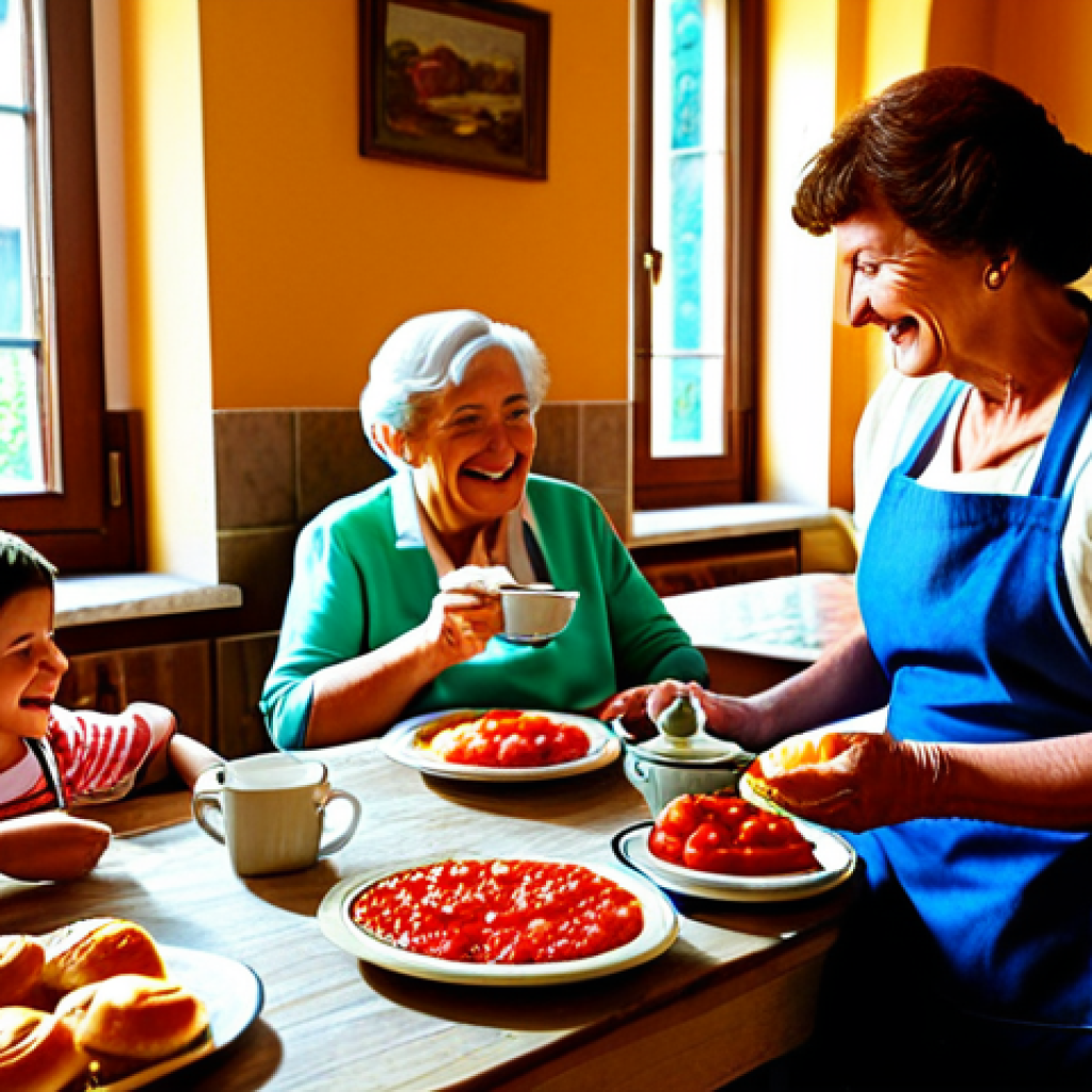 문화 교류 프로그램을 포함한 여행 구성 - Family Breakfast in Italy**
Prompt: "A warm and inviting scene of a fully clothed family enjoying b...