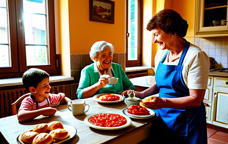 문화 교류 프로그램을 포함한 여행 구성 - Family Breakfast in Italy**
Prompt: "A warm and inviting scene of a fully clothed family enjoying b...