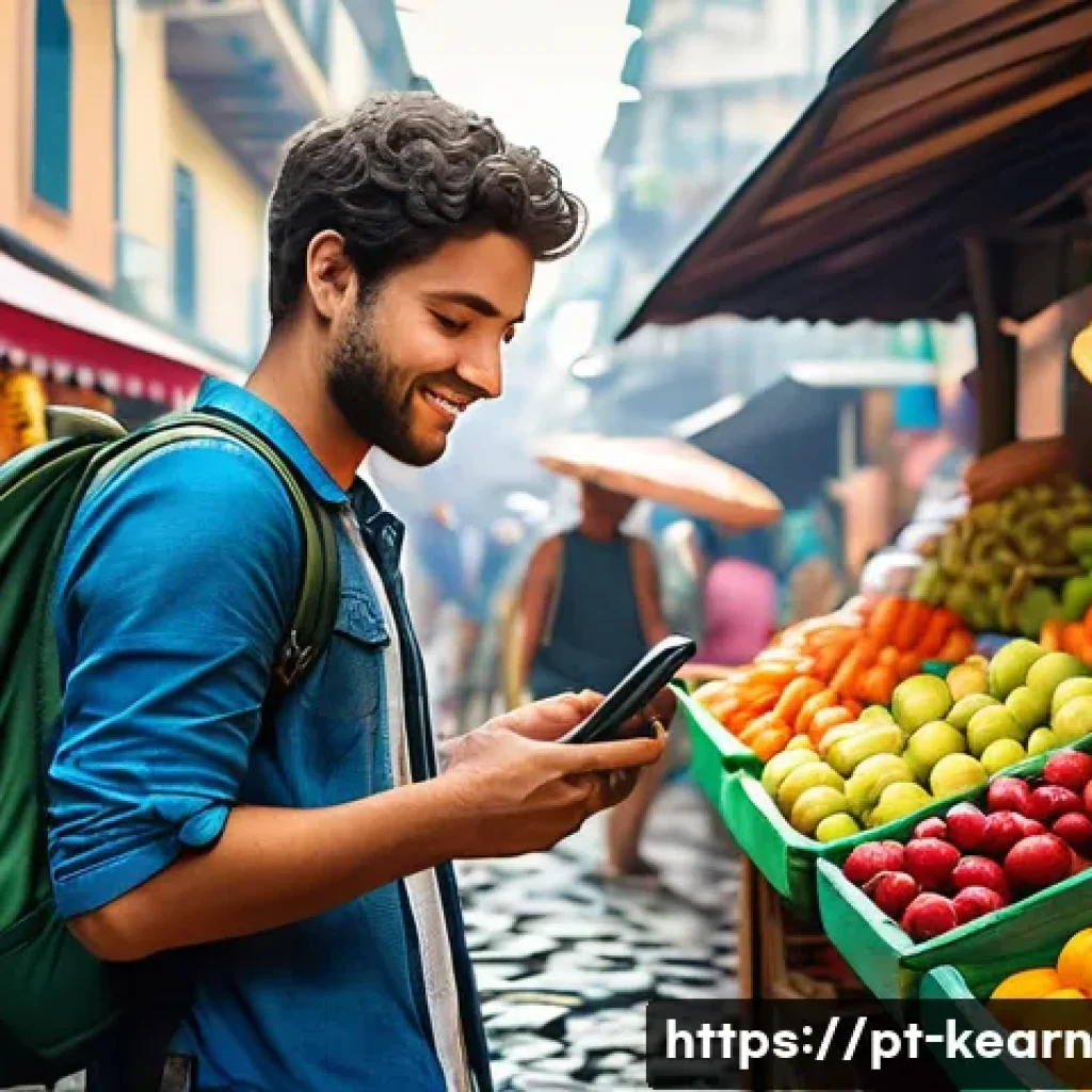 여행의 기회를 통한 자기주도 학습 증진 - A young traveler navigating a bustling Brazilian street market, wearing comfortable casual clothes a...