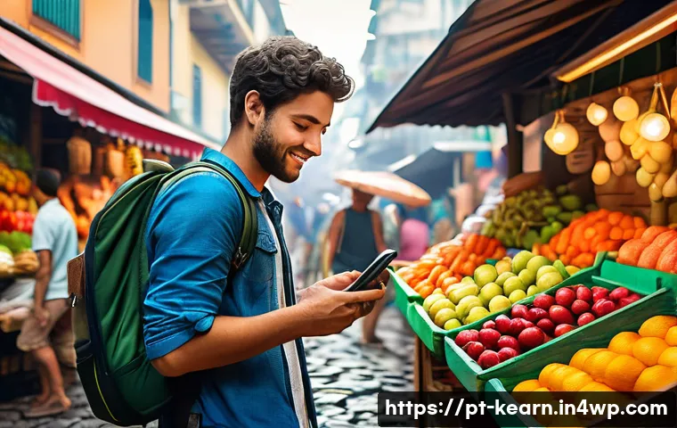 여행의 기회를 통한 자기주도 학습 증진 - A young traveler navigating a bustling Brazilian street market, wearing comfortable casual clothes a...