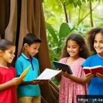 Home 19 학습 중심 여행에 대한 부모의 이해 돕기 - A vibrant outdoor scene in a Brazilian park featuring a diverse group of children aged 6 to 10, dres...