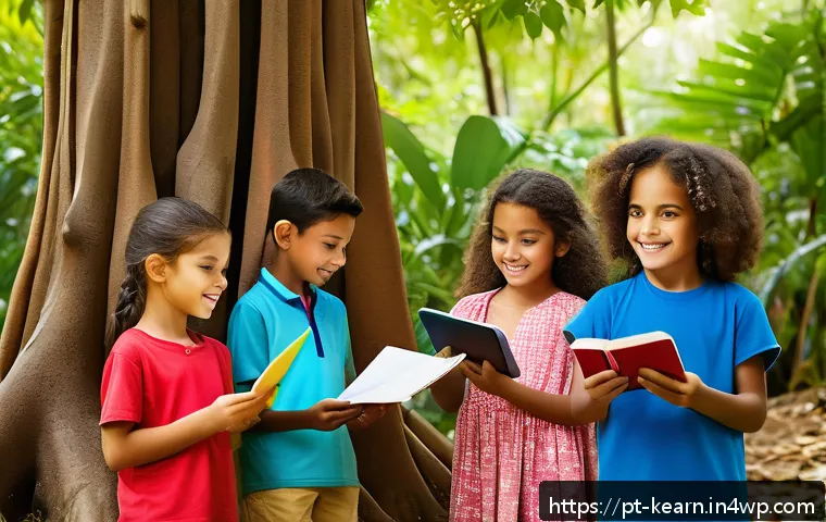 학습 중심 여행에 대한 부모의 이해 돕기 - A vibrant outdoor scene in a Brazilian park featuring a diverse group of children aged 6 to 10, dres...
