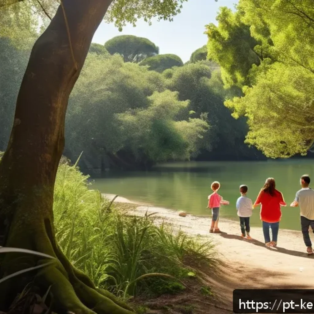 가족과의 학습 중심 여행에서의 소통 방법 - A warm family scene during a nature walk in a vibrant Portuguese park, featuring parents and childre...