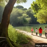 Home 18 가족과의 학습 중심 여행에서의 소통 방법 - A warm family scene during a nature walk in a vibrant Portuguese park, featuring parents and childre...