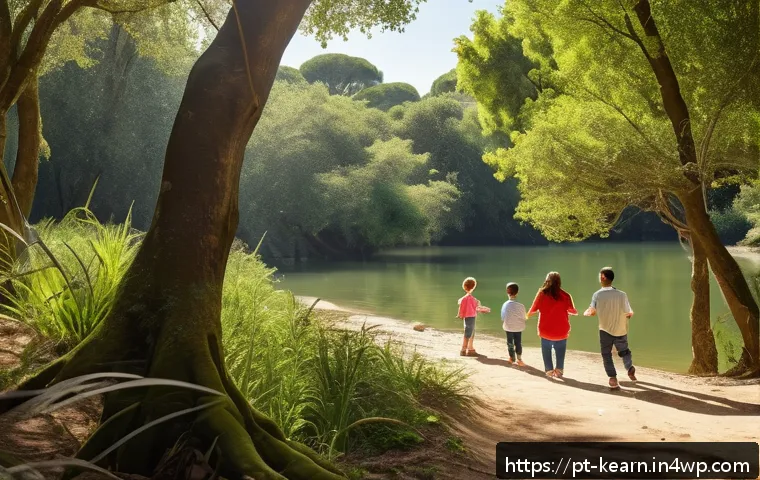 가족과의 학습 중심 여행에서의 소통 방법 - A warm family scene during a nature walk in a vibrant Portuguese park, featuring parents and childre...
