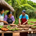 Home 23 사회적 책임을 강조한 여행 프로그램 기획 - A vibrant scene of a traditional Brazilian indigenous community workshop in Northeast Brazil, with l...